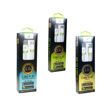 Kit 15 unidades - (5) Cabo Flat Type C 3.0A / XC-CD-61 (X-Cell) + (5) Cabo Flat Lightning 8P 3.0A / XC-CD-59 (X-Cell) + (5) Cabo Flat Micro USB 3.0A / XC-CD-57 (X-Cell)