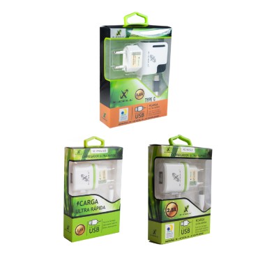 Kit 15 unidades - (5) Carregador Type C 3.1A / XC-UR14 (X-Cell) + (5) Carregador Light.8P 2.8A / XC-IPH6-USB (X-Cell) + (5) Carregaor Micro USB V8 2.8A / XC-V8-GLX (X-Cell)