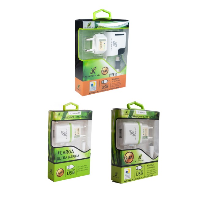 Kit 15 unidades - (5) Carregador Type C 3.1A / XC-UR14 (X-Cell) + (5) Carregador Light.8P 2.8A / XC-IPH6-USB (X-Cell) + (5) Carregaor Micro USB V8 2.8A / XC-V8-GLX (X-Cell)