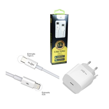 KIT 15 unidades - (5) Cabo Type C To Lightning - S24 - (KLGO) - 1M + (5) Carregador Turbo PD-100 Tipo C 20W (KLGO) + (5) Cabo Type C / XC-CD-76 (X-Cell)