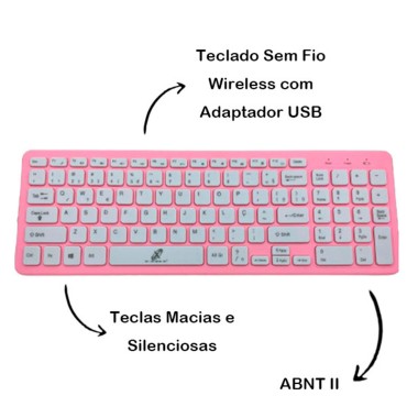 Kit Teclado + Mouse Sem Fio Rosa