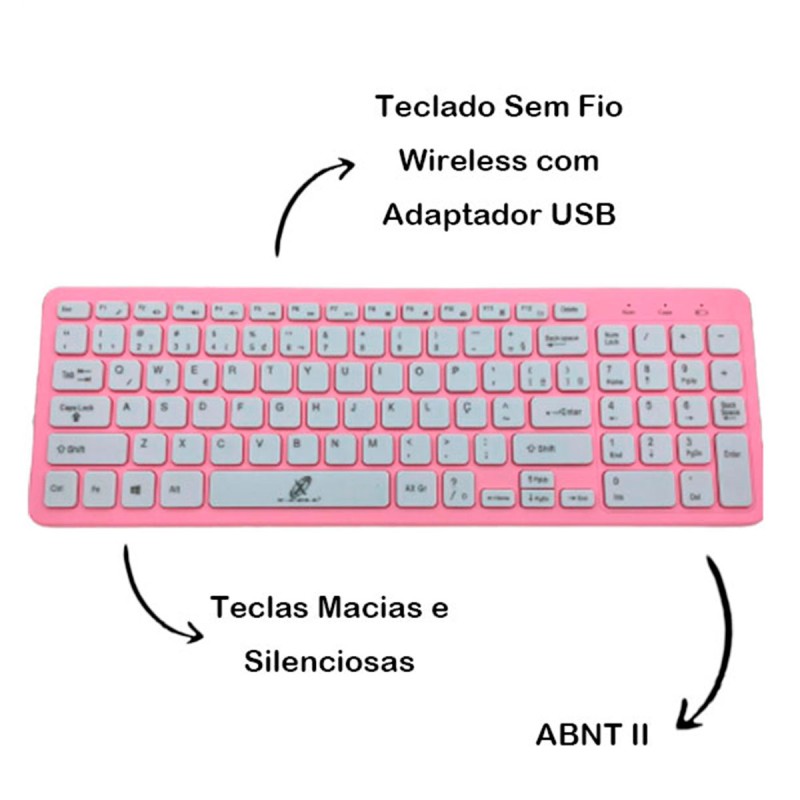Kit Teclado + Mouse Sem Fio Rosa