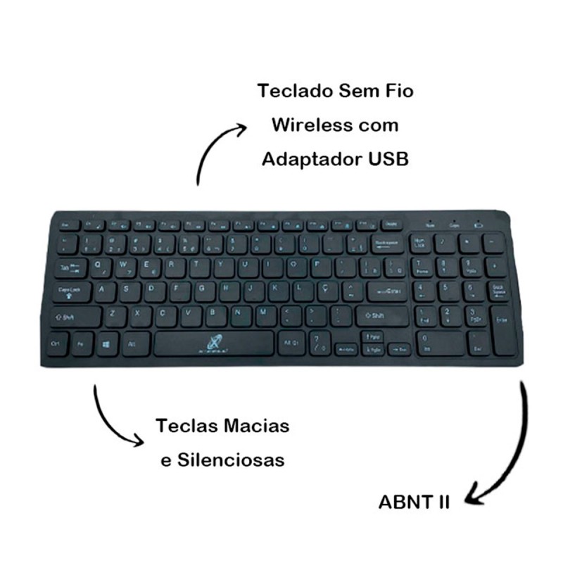 Kit Teclado + Mouse Sem Fio Preto